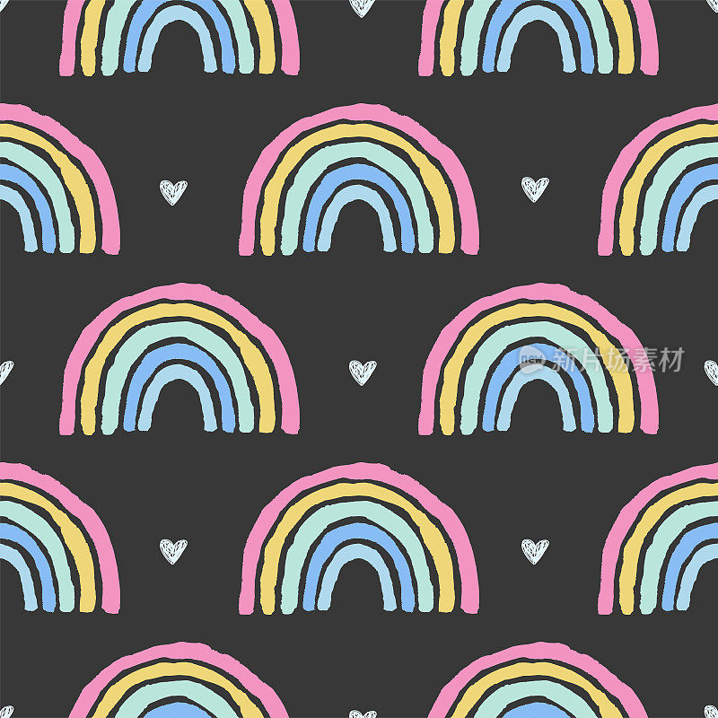Rainbows and hearts cute seamless pattern on black background.Rainbows and hearts cute seamless pattern on black background.Bright print with simple shapes in scandinavian style.